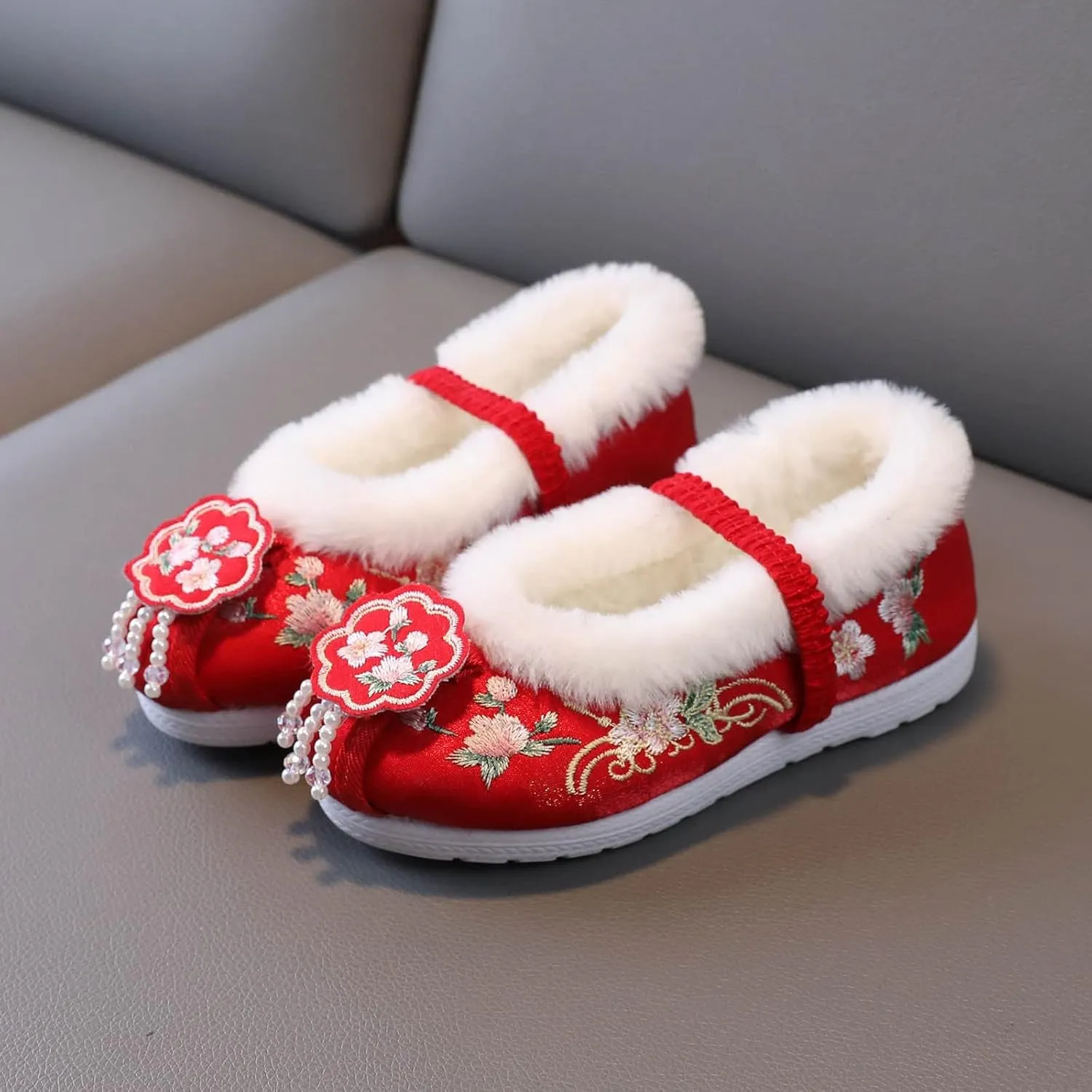 EnJoCho Riding Boots Girls Cotton Shoes Ancient Costume Hanfu Shoes Children Baby Cloth Shoes New (Red, 3.5-4 Years Toddler)