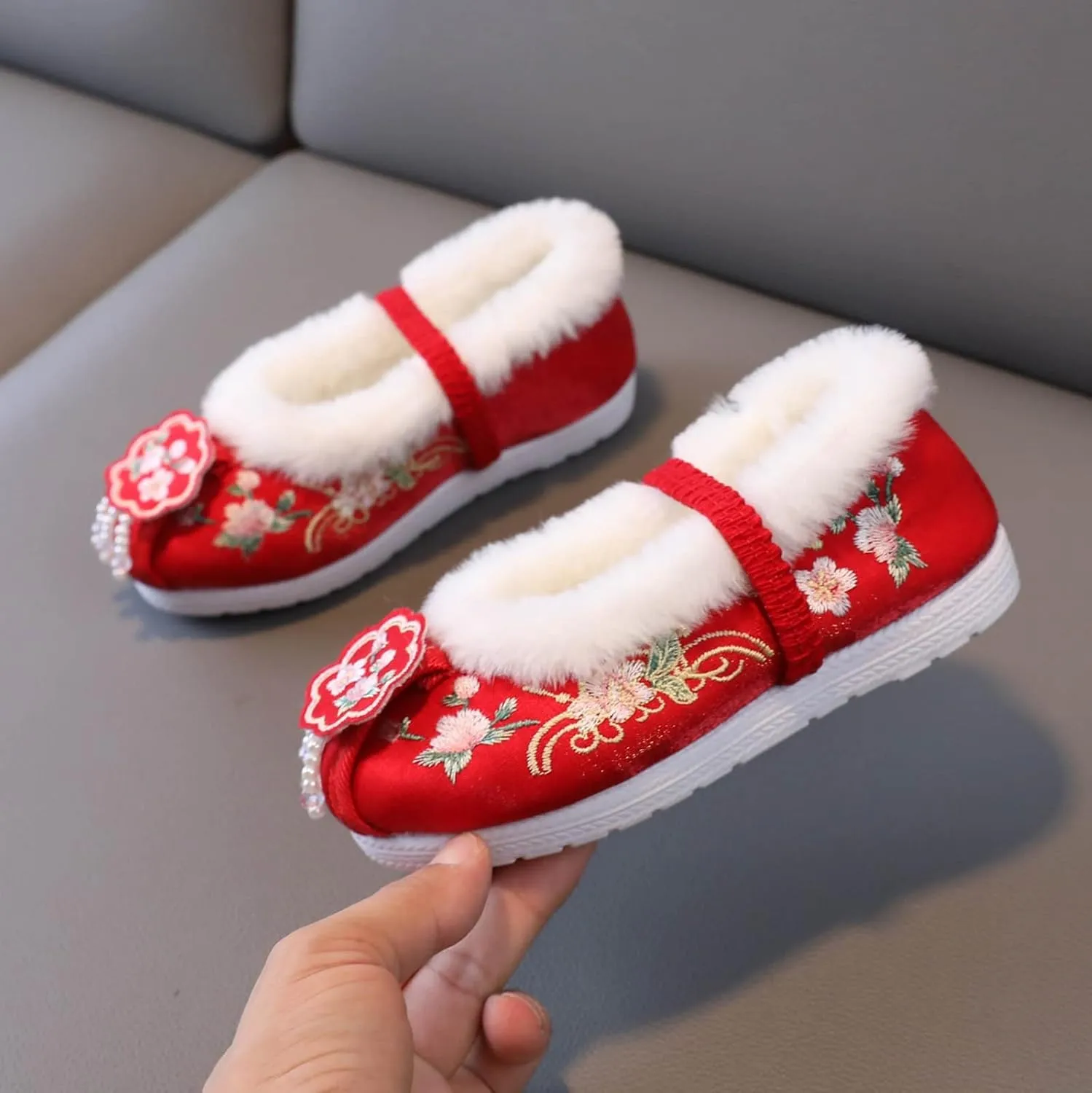 EnJoCho Riding Boots Girls Cotton Shoes Ancient Costume Hanfu Shoes Children Baby Cloth Shoes New (Red, 3.5-4 Years Toddler)
