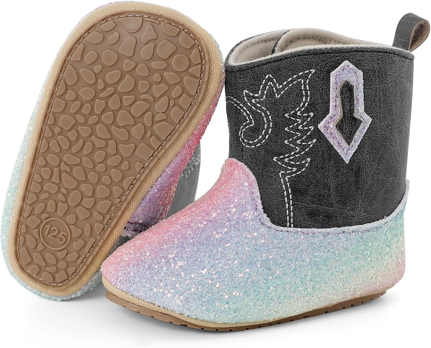ESTAMICO Baby Girls Embroidery Western Cowgirl Boots Infant Sequin Leather Cowboy Booties Round Toe Ankle High Hook and Loop Shoes