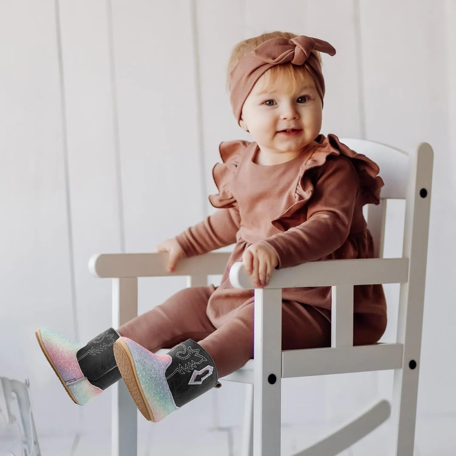 ESTAMICO Baby Girls Embroidery Western Cowgirl Boots Infant Sequin Leather Cowboy Booties Round Toe Ankle High Hook and Loop Shoes