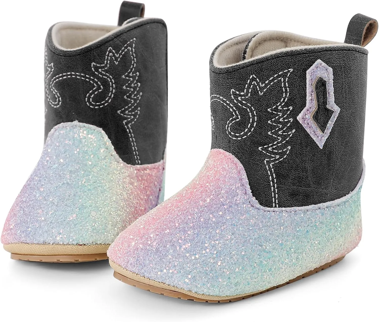 ESTAMICO Baby Girls Embroidery Western Cowgirl Boots Infant Sequin Leather Cowboy Booties Round Toe Ankle High Hook and Loop Shoes
