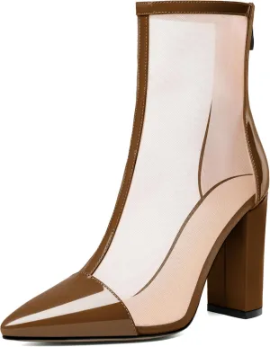 Esvowido Women's Mesh Booties Chunky Heels Pointed Toe High Heel 4 Inch High Top Sandals Zip Summer Sexy Elegant Comfort Fashion Shoes