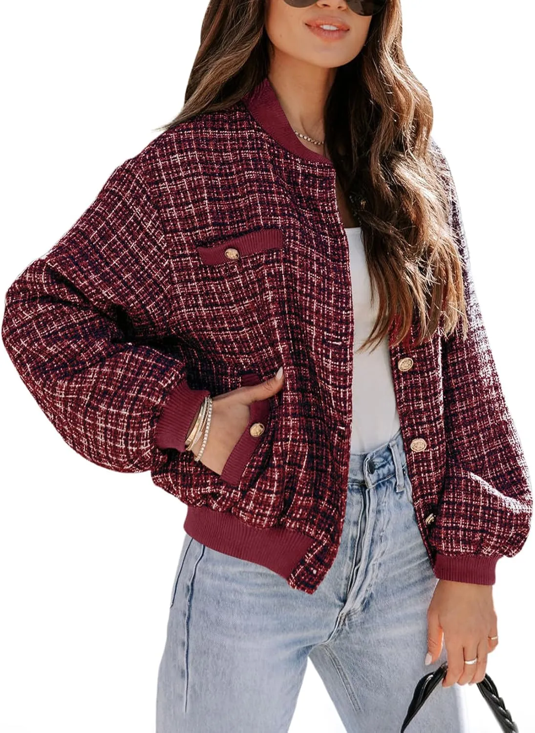 EVALESS Fashion Jacket for Women 2024 Fall Winter Trendy Button Short Shacket Long Sleeve Plaid Cropped Jackets