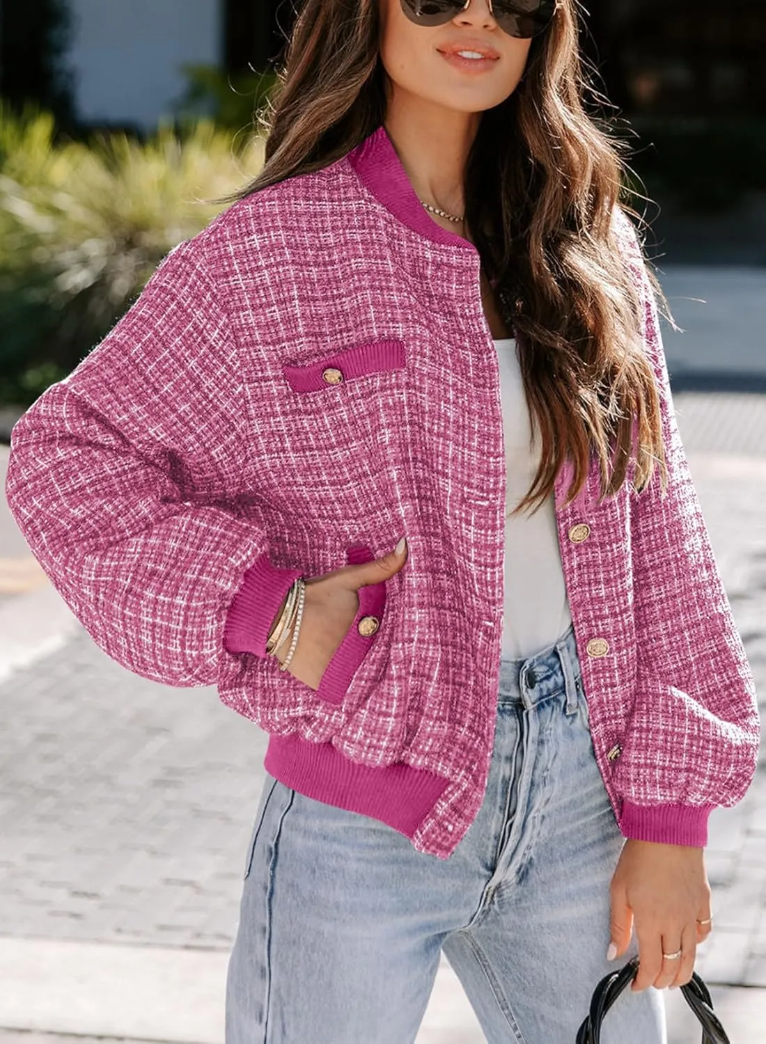 EVALESS Fashion Jacket for Women 2024 Fall Winter Trendy Button Short Shacket Long Sleeve Plaid Cropped Jackets