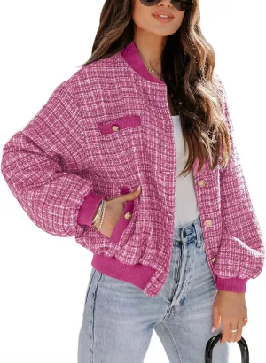 EVALESS Fashion Jacket for Women 2024 Fall Winter Trendy Button Short Shacket Long Sleeve Plaid Cropped Jackets