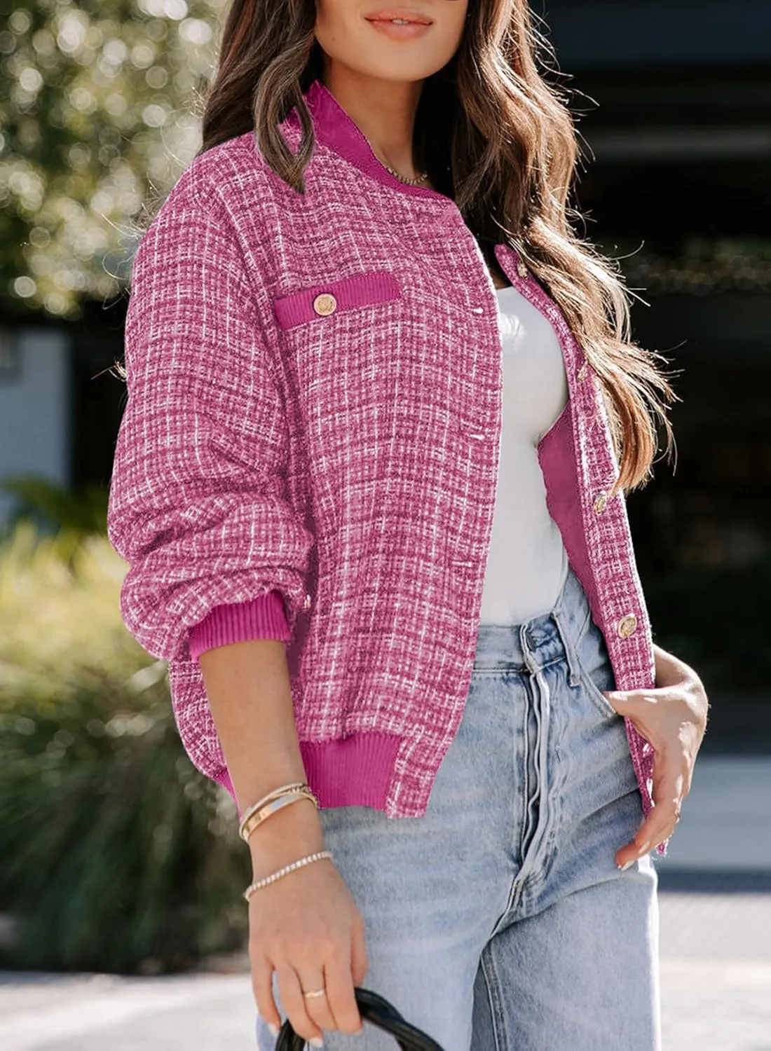 EVALESS Fashion Jacket for Women 2024 Fall Winter Trendy Button Short Shacket Long Sleeve Plaid Cropped Jackets