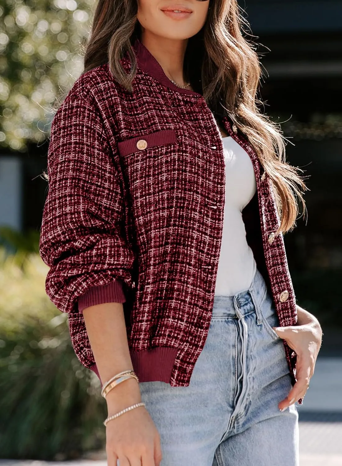 EVALESS Fashion Jacket for Women 2024 Fall Winter Trendy Button Short Shacket Long Sleeve Plaid Cropped Jackets