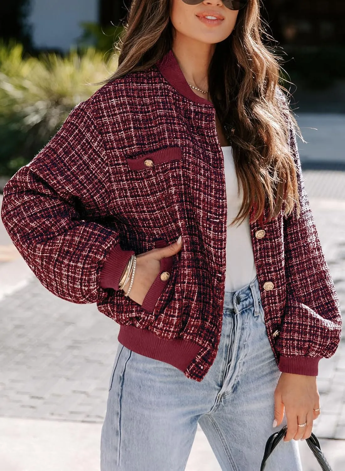 EVALESS Fashion Jacket for Women 2024 Fall Winter Trendy Button Short Shacket Long Sleeve Plaid Cropped Jackets