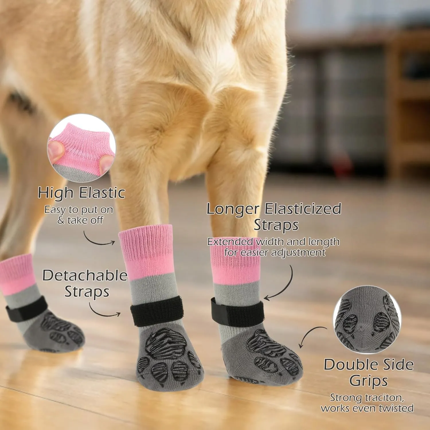 EXPAWLORER Anti Slip Dog Socks to Prevent Licking Paws, Dog Shoes for Hot Pavement, Dog Booties for Hardwood Floors, Dog Boots & Paw Protectors with Grippers for Small Medium Large Senior Dogs Pink S