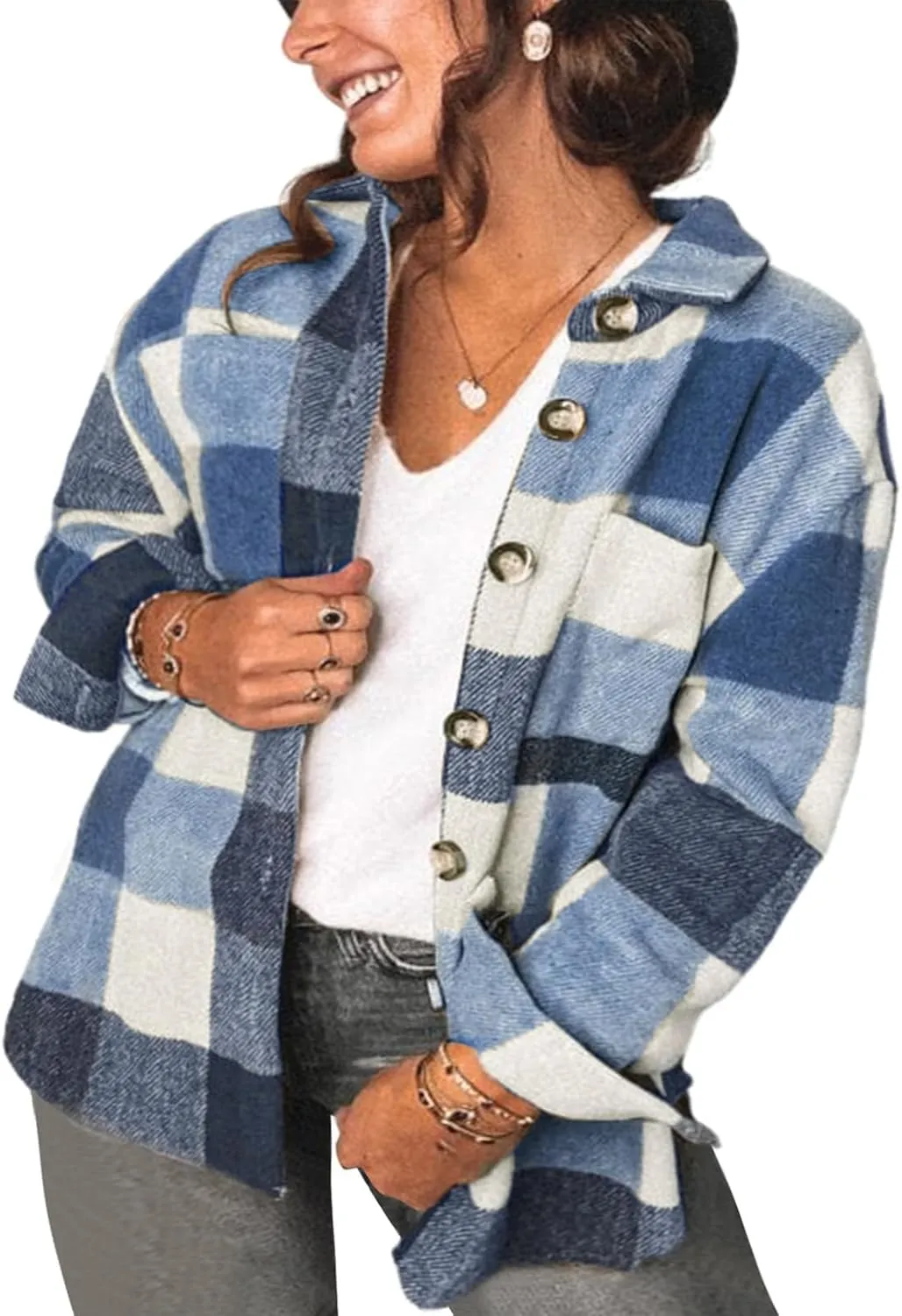 Eytino Womens Plus Size Jacket Casual Long Sleeve Button Up Flannel Plaid Shacket Coats with Pockets(1X-5X)