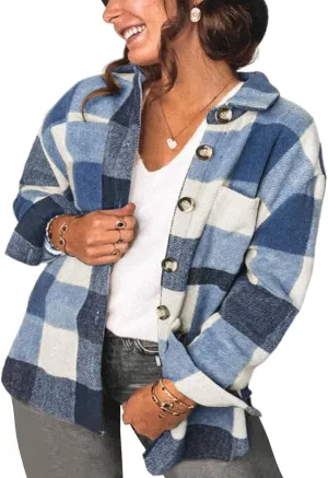 Eytino Womens Plus Size Jacket Casual Long Sleeve Button Up Flannel Plaid Shacket Coats with Pockets(1X-5X)
