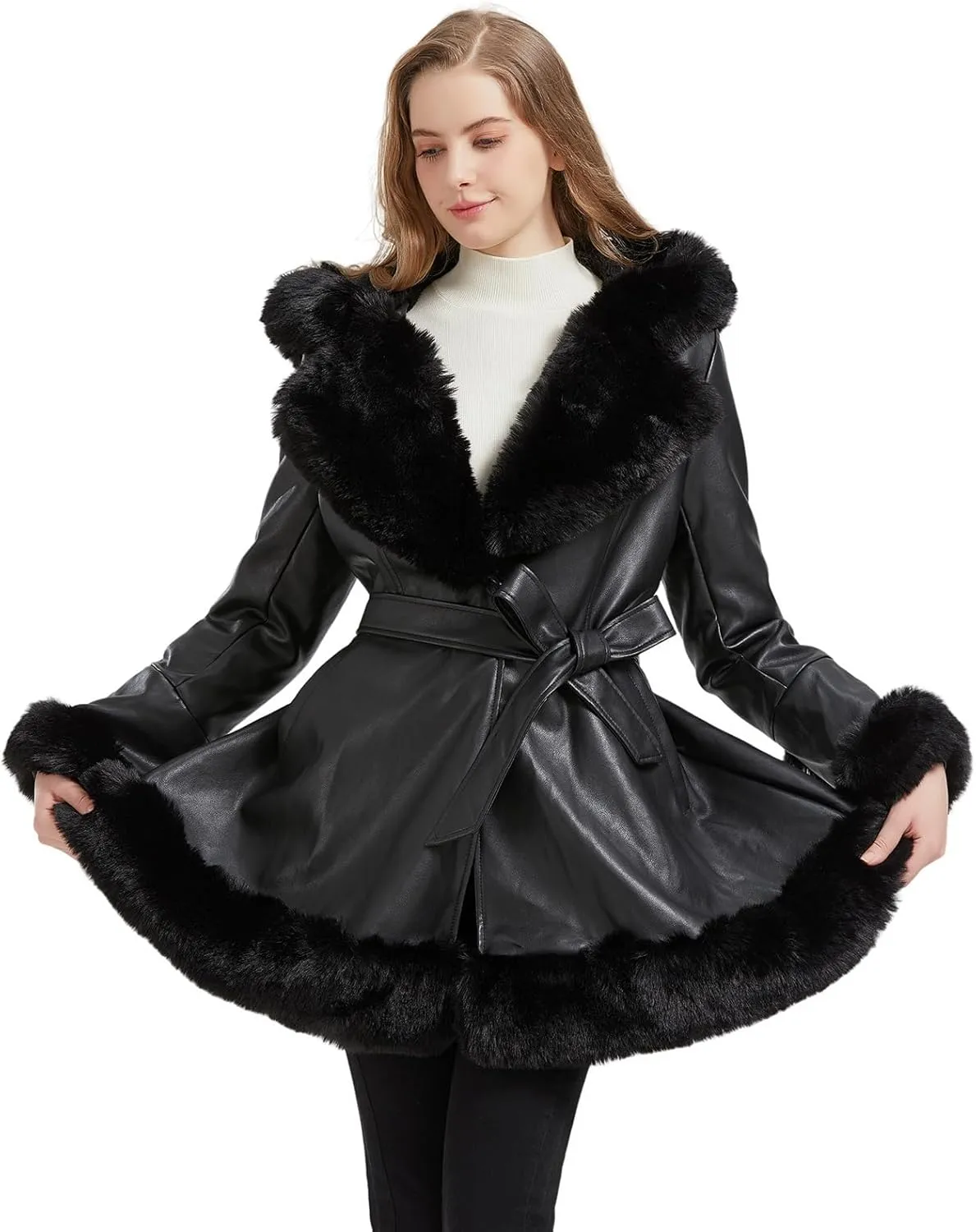 Faux Leather Jacket for Women with Faux Fur Collar Long Sleeve Parka with Pockets Warm Winter Coat with Belt