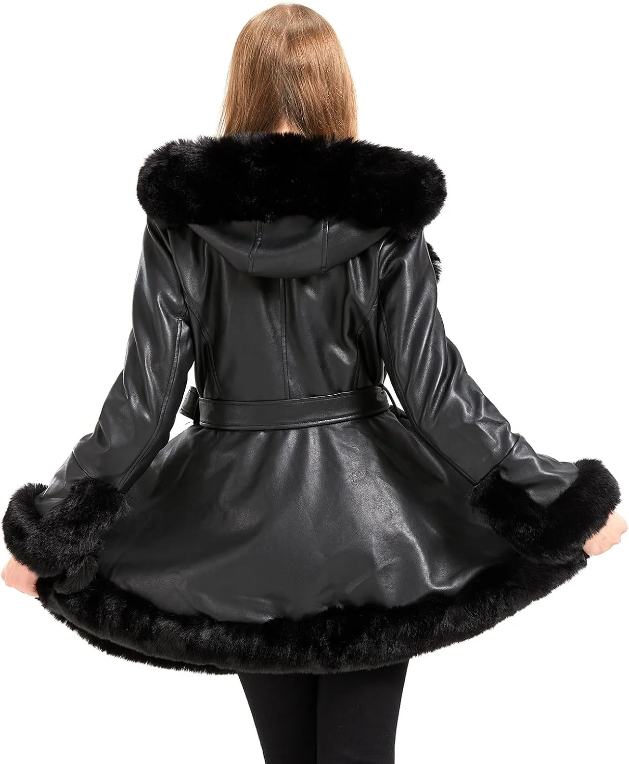 Faux Leather Jacket for Women with Faux Fur Collar Long Sleeve Parka with Pockets Warm Winter Coat with Belt