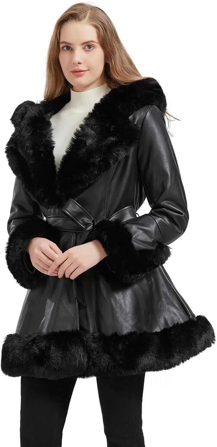 Faux Leather Jacket for Women with Faux Fur Collar Long Sleeve Parka with Pockets Warm Winter Coat with Belt