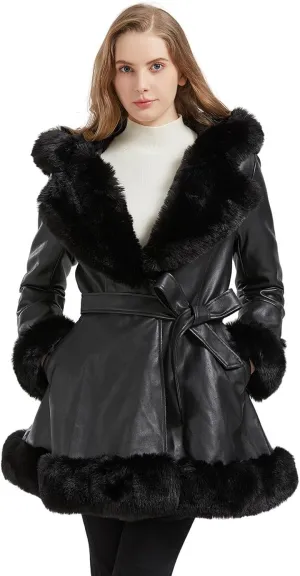 Faux Leather Jacket for Women with Faux Fur Collar Long Sleeve Parka with Pockets Warm Winter Coat with Belt