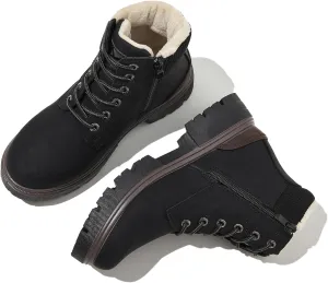 FINIWOR Ankle Boots for Women Hiking Boot Women Combat Boots Lace Up Womens Snow Boots Waterproof Fur Winter Boots Black Boots.