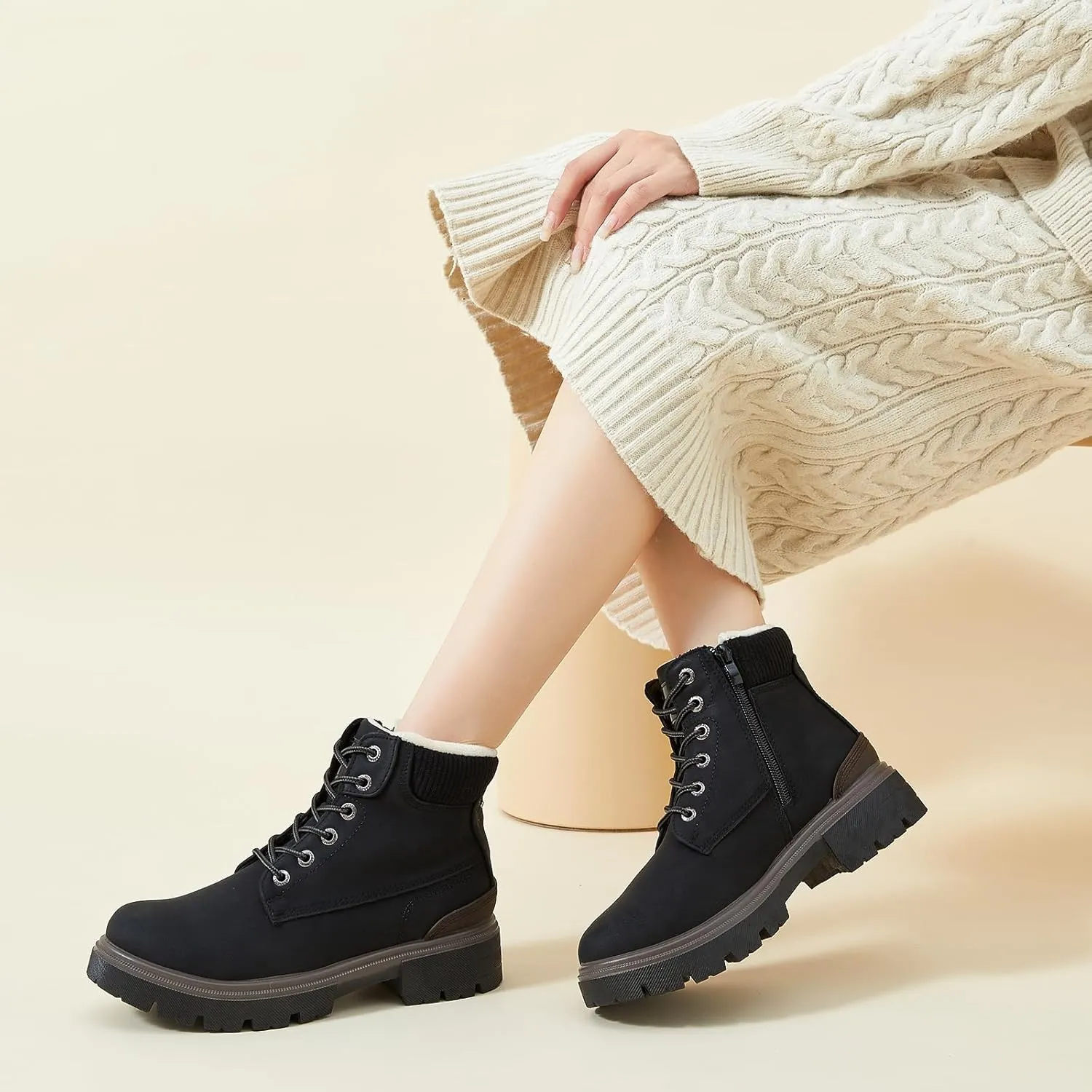 FINIWOR Ankle Boots for Women Hiking Boot Women Combat Boots Lace Up Womens Snow Boots Waterproof Fur Winter Boots Black Boots.
