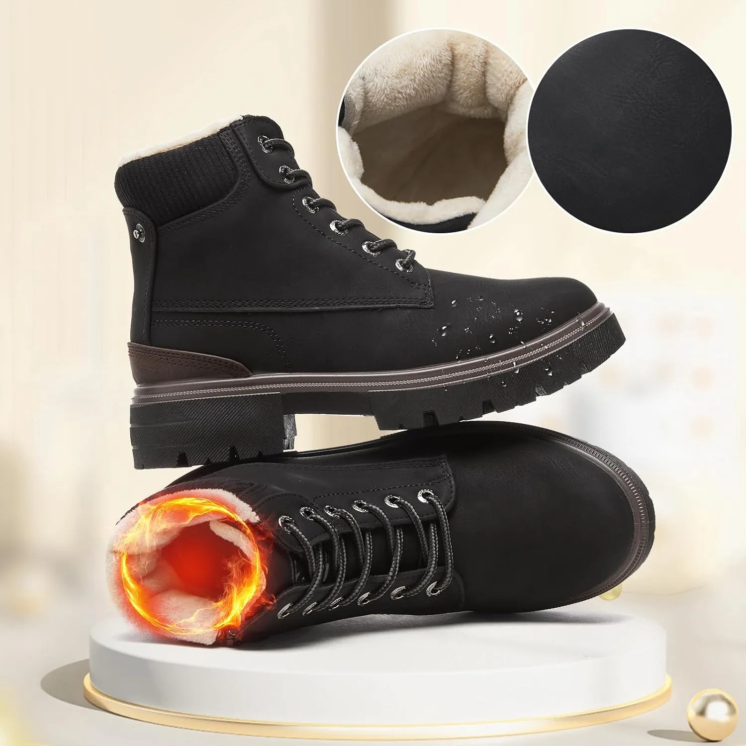 FINIWOR Ankle Boots for Women Hiking Boot Women Combat Boots Lace Up Womens Snow Boots Waterproof Fur Winter Boots Black Boots.