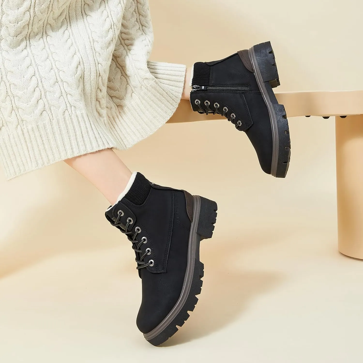 FINIWOR Ankle Boots for Women Hiking Boot Women Combat Boots Lace Up Womens Snow Boots Waterproof Fur Winter Boots Black Boots.