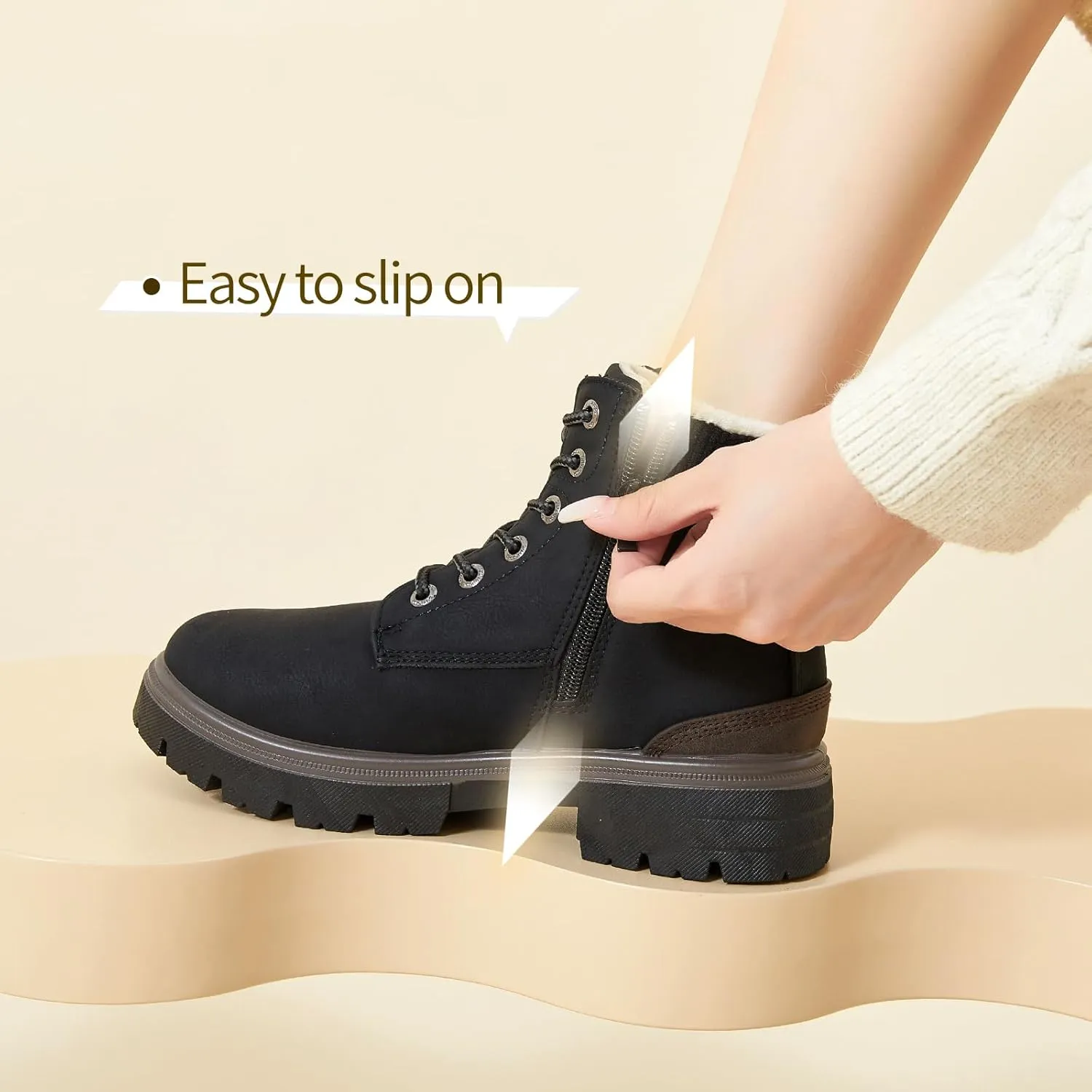 FINIWOR Ankle Boots for Women Hiking Boot Women Combat Boots Lace Up Womens Snow Boots Waterproof Fur Winter Boots Black Boots.