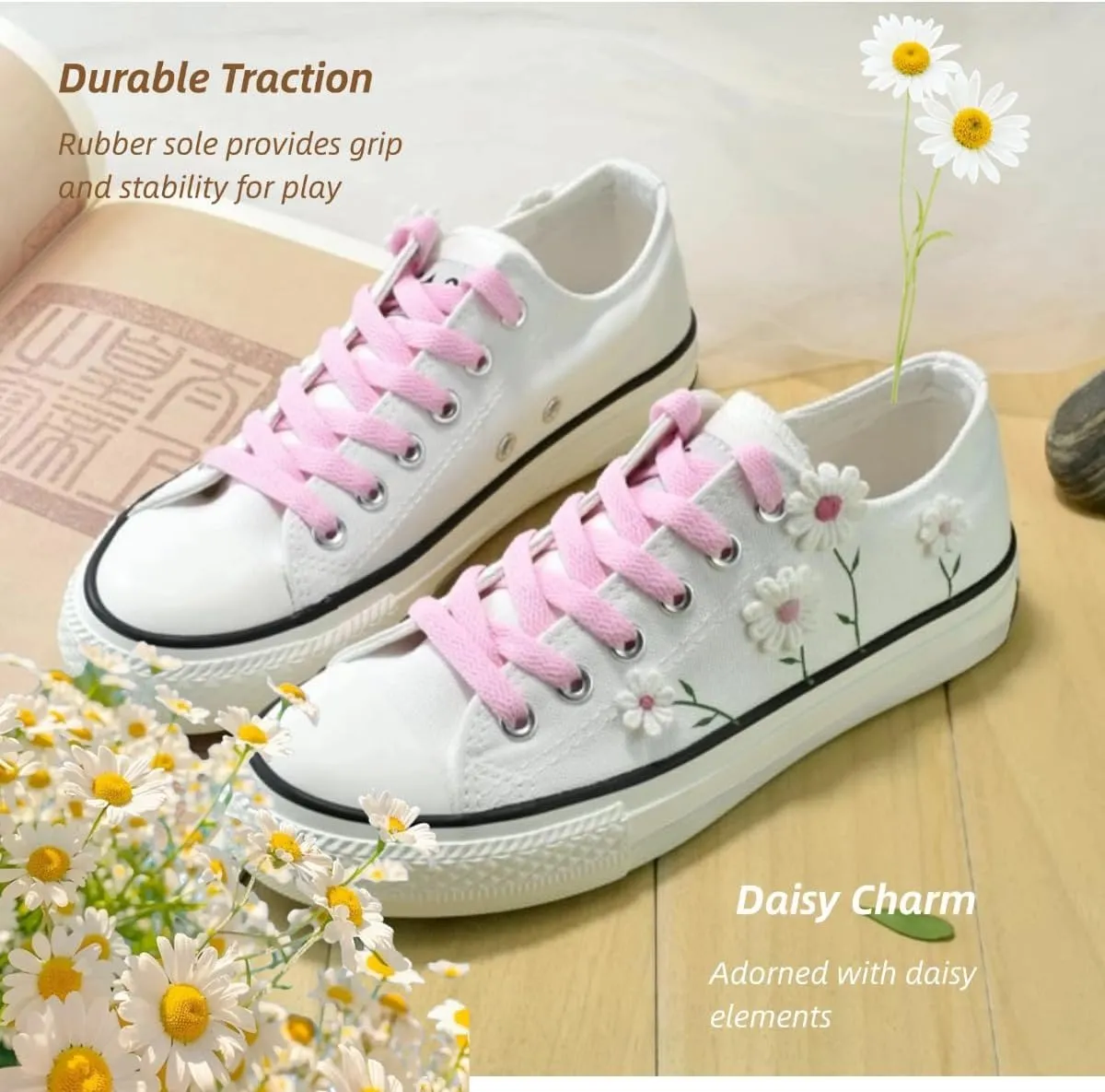 Floral Canvas Sneakers for Women, Cute Low Top Breathable, Aesthetic Lace Up Walking Shoes for Teens & Girls Back School