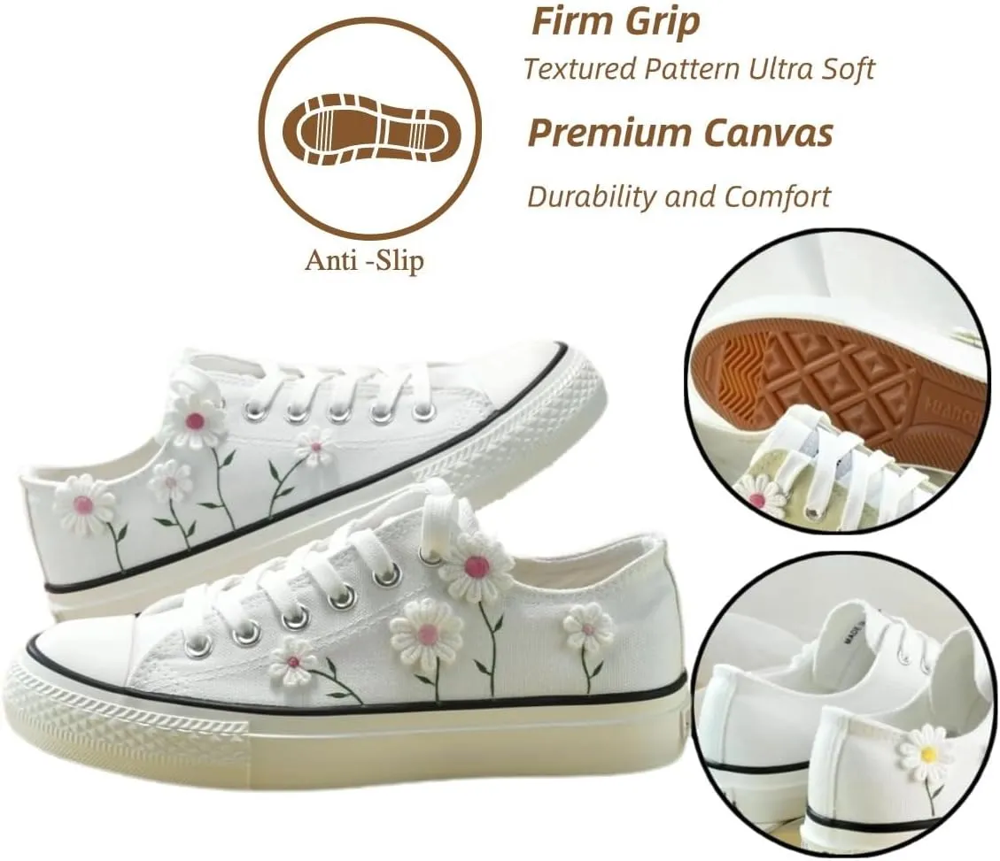 Floral Canvas Sneakers for Women, Cute Low Top Breathable, Aesthetic Lace Up Walking Shoes for Teens & Girls Back School