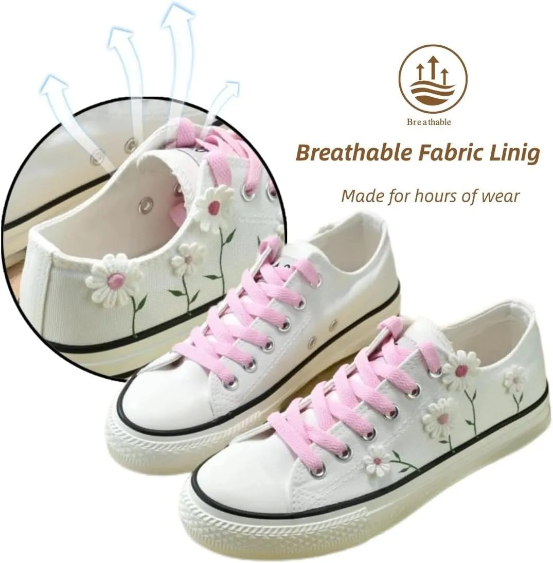 Floral Canvas Sneakers for Women, Cute Low Top Breathable, Aesthetic Lace Up Walking Shoes for Teens & Girls Back School