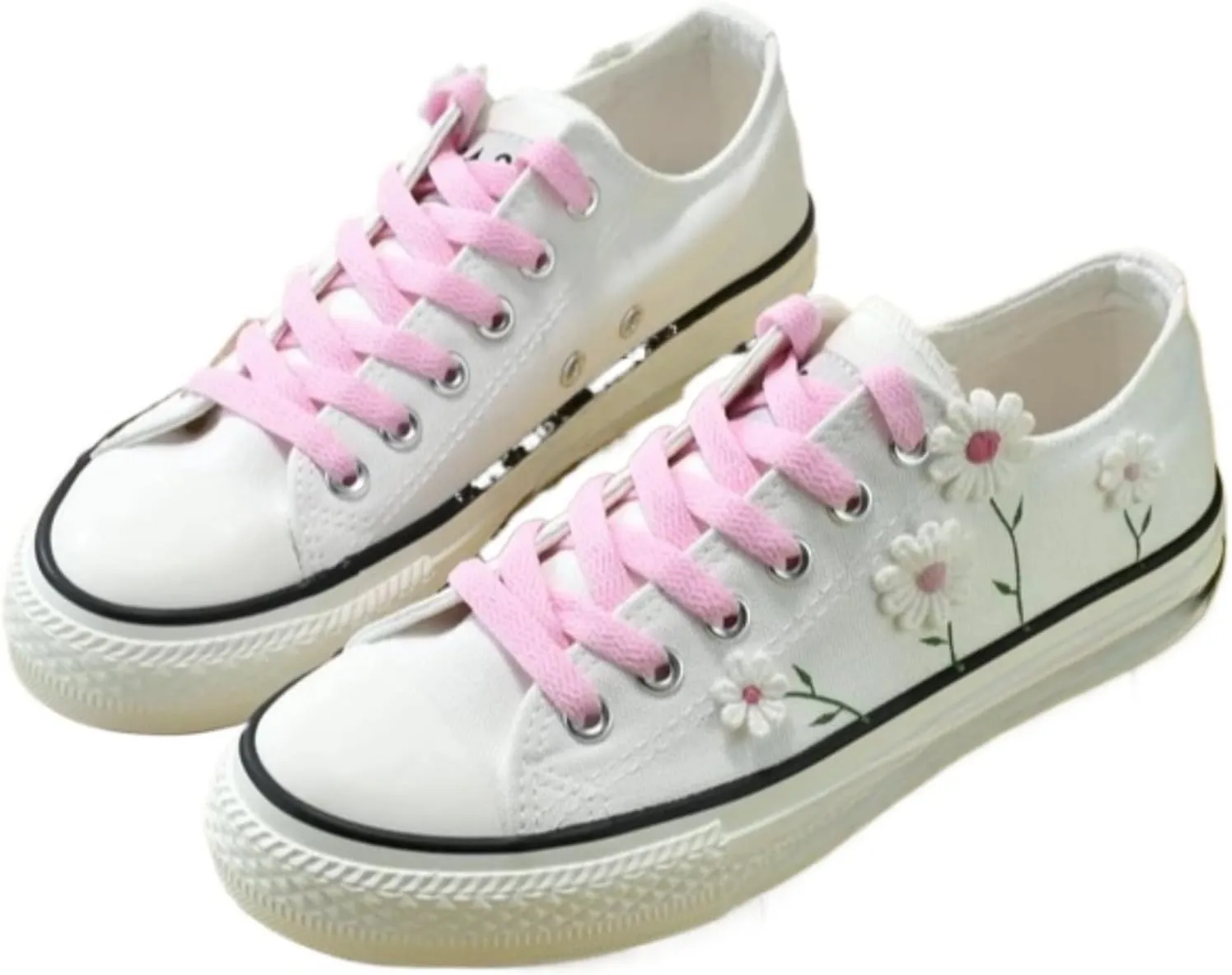 Floral Canvas Sneakers for Women, Cute Low Top Breathable, Aesthetic Lace Up Walking Shoes for Teens & Girls Back School
