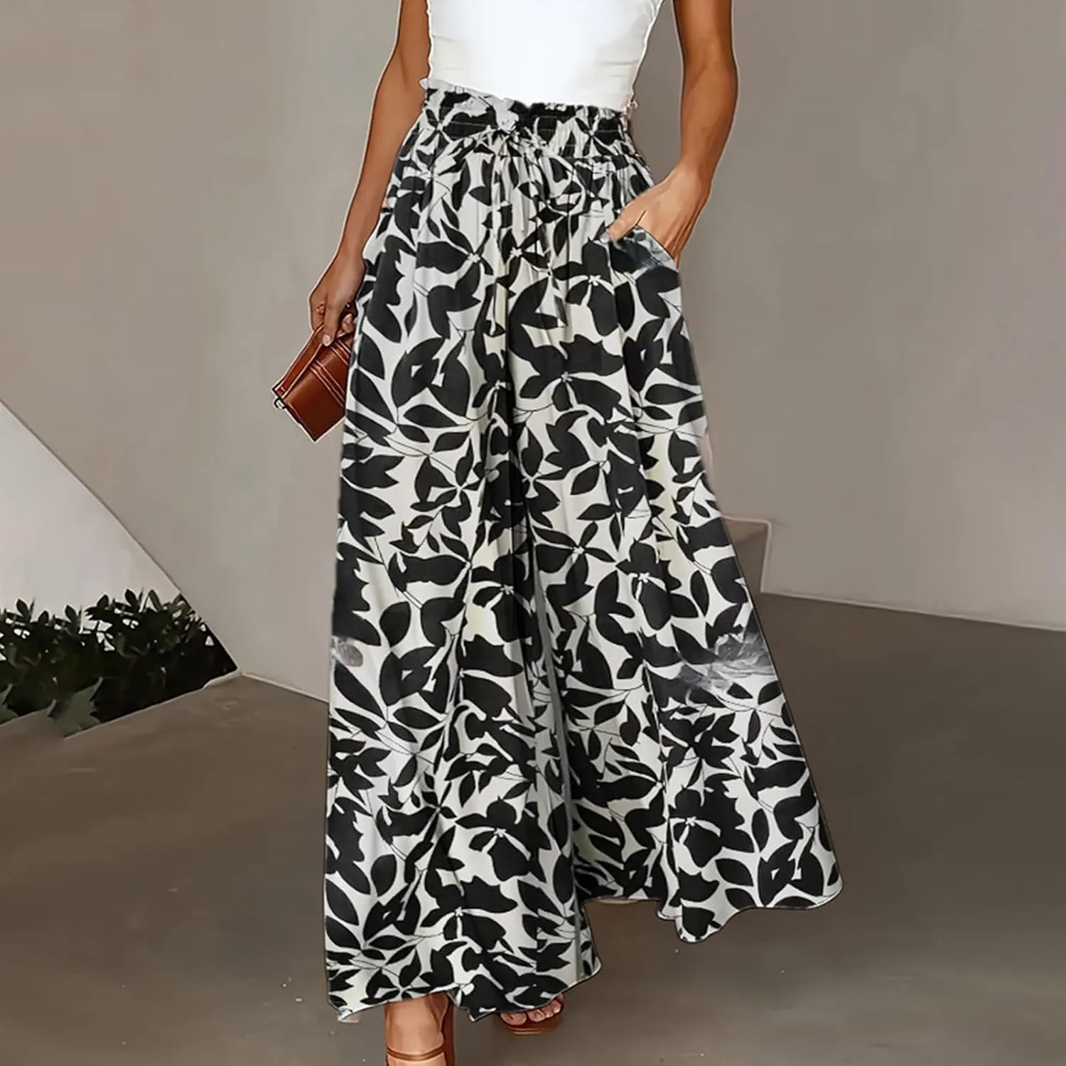 Flowy Pants for Women High Waisted Wide Leg Floral Palazzo Pant Drawstring Summer 2025 Beach Boho Trousers