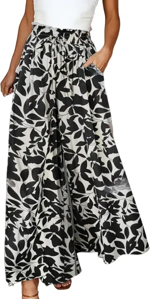 Flowy Pants for Women High Waisted Wide Leg Floral Palazzo Pant Drawstring Summer 2025 Beach Boho Trousers