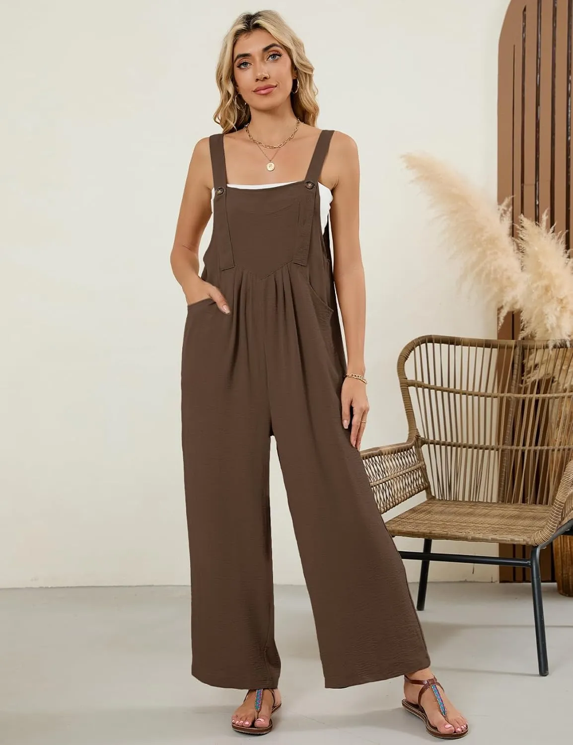 Flygo Womens Overalls Loose Fit Wide Leg Jumpsuits 2025 Summer Casual Rompers Jumper with Pockets
