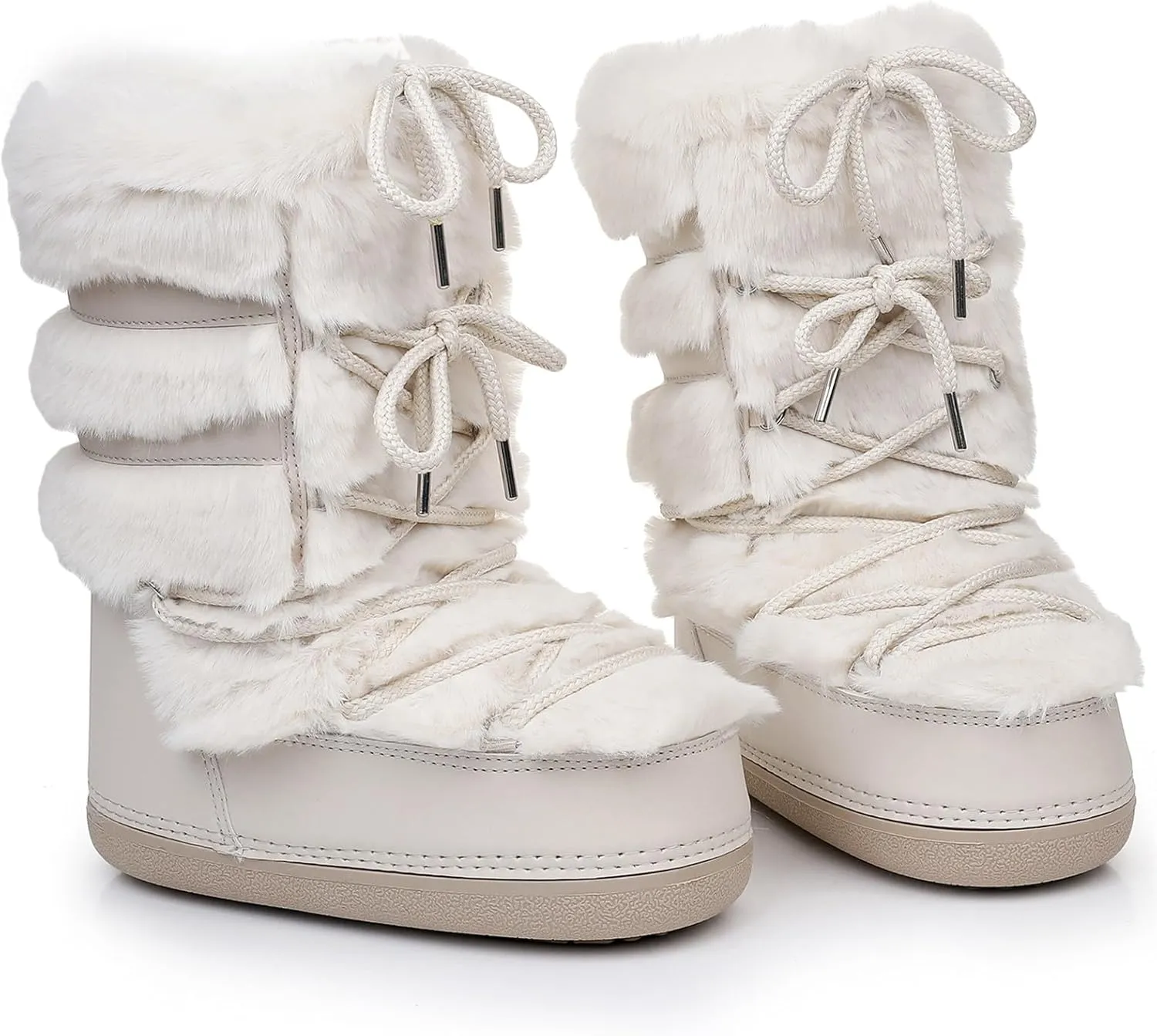 Furry Faux Fur Boots for Women - Fuzzy Boots for Women Winter Snow Boots - Fluffy Black White Pink Fur Boots- Lace-up Mid-Calf Water-Resistant Platform Boots