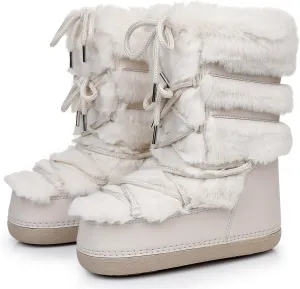 Furry Faux Fur Boots for Women - Fuzzy Boots for Women Winter Snow Boots - Fluffy Black White Pink Fur Boots- Lace-up Mid-Calf Water-Resistant Platform Boots
