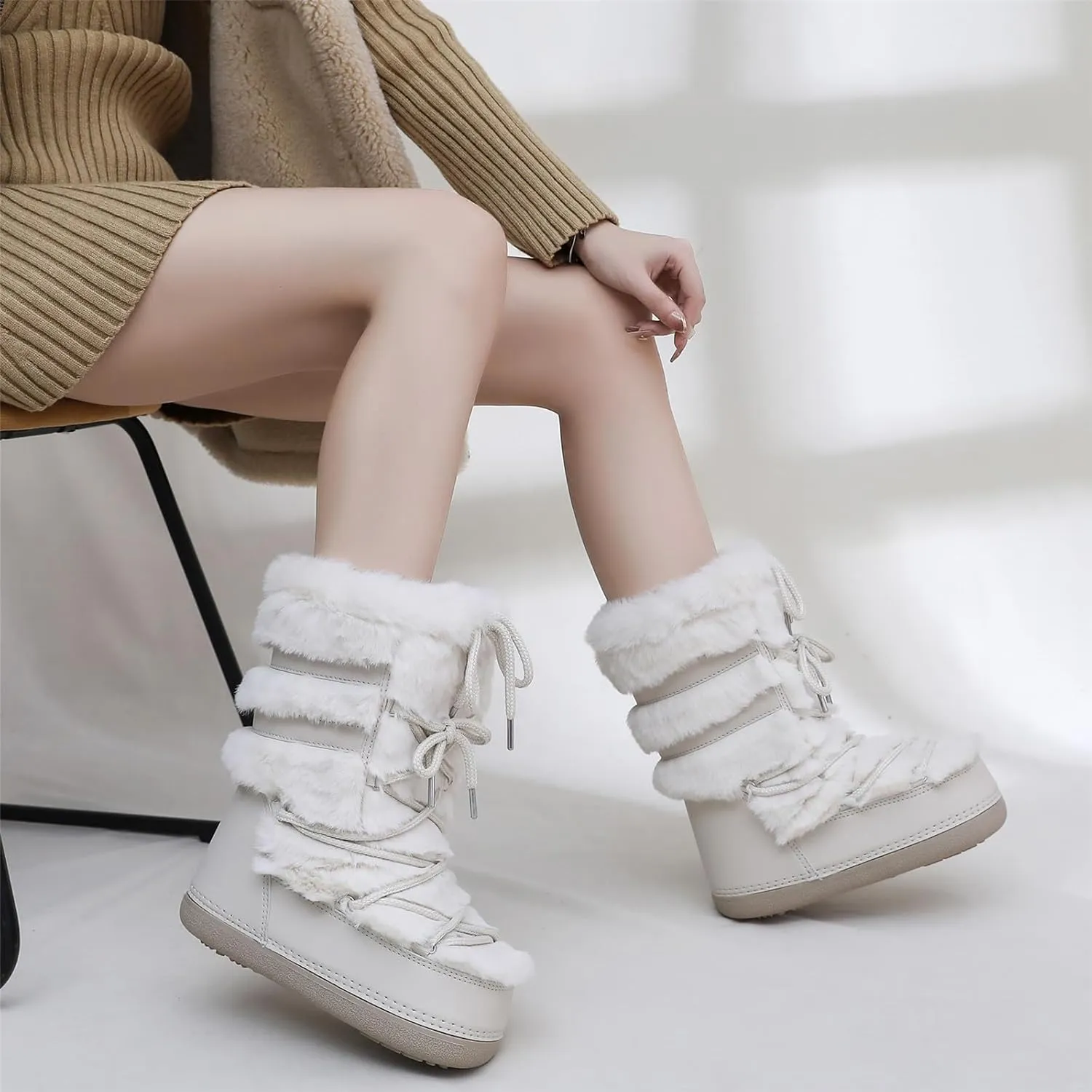 Furry Faux Fur Boots for Women - Fuzzy Boots for Women Winter Snow Boots - Fluffy Black White Pink Fur Boots- Lace-up Mid-Calf Water-Resistant Platform Boots