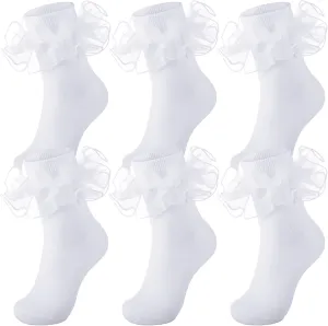Geyoga 3 Pairs Women Big Ruffle Socks Turn Cuff, Double Lace Ankle Socks for Woman Cotton Lace Frilly Socks for Ladies