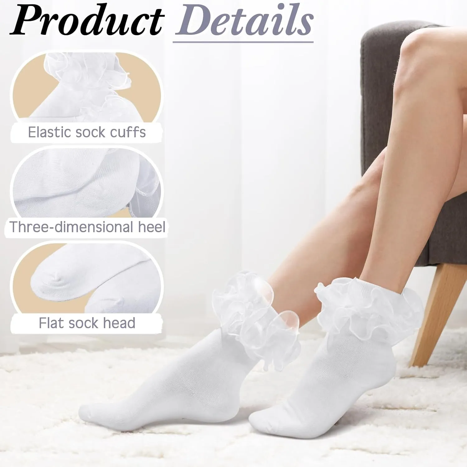 Geyoga 3 Pairs Women Big Ruffle Socks Turn Cuff, Double Lace Ankle Socks for Woman Cotton Lace Frilly Socks for Ladies