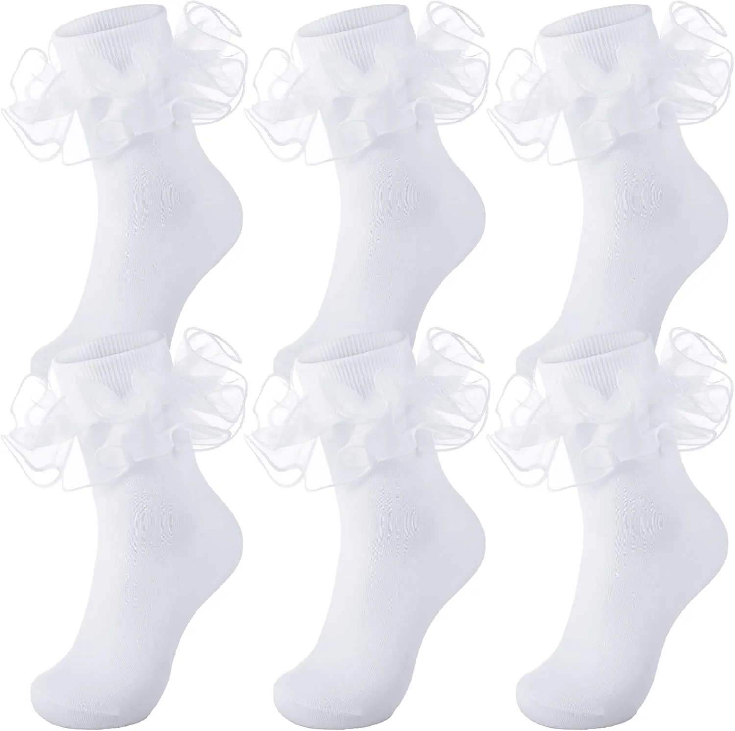 Geyoga 3 Pairs Women Big Ruffle Socks Turn Cuff, Double Lace Ankle Socks for Woman Cotton Lace Frilly Socks for Ladies