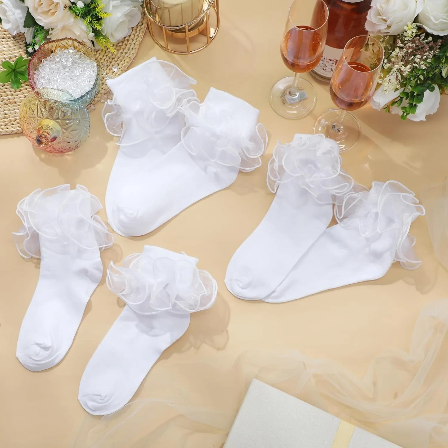Geyoga 3 Pairs Women Big Ruffle Socks Turn Cuff, Double Lace Ankle Socks for Woman Cotton Lace Frilly Socks for Ladies