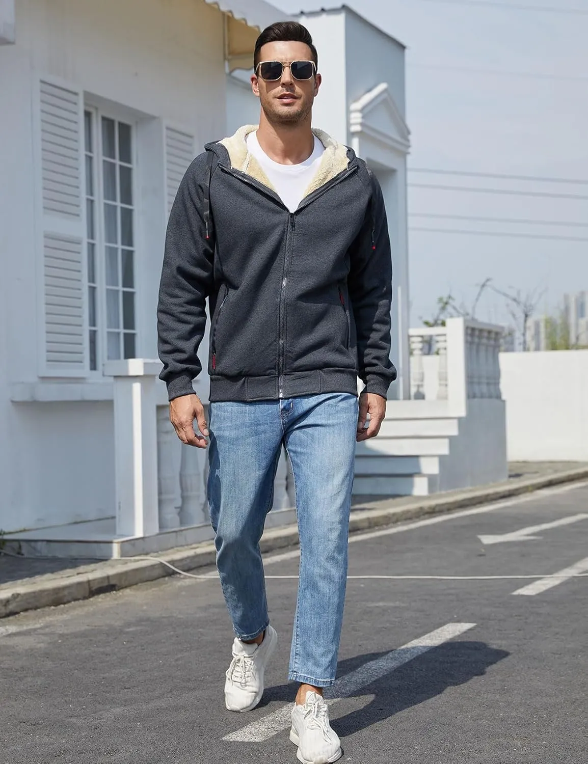 Gihuo Men's Winter Sherpa Lined Hoodie Zip Up Sweatshirt Heavyweight Warm Fleece Jacket with Pockets
