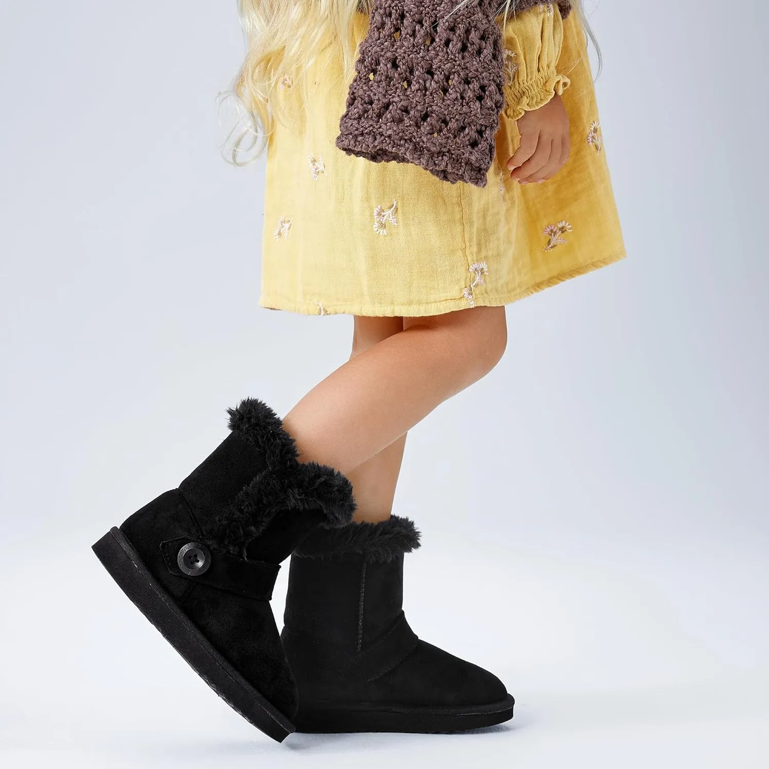 Girls Winter Cold Weather Wood Button Warm Shearling Lightweight Comfort Boots