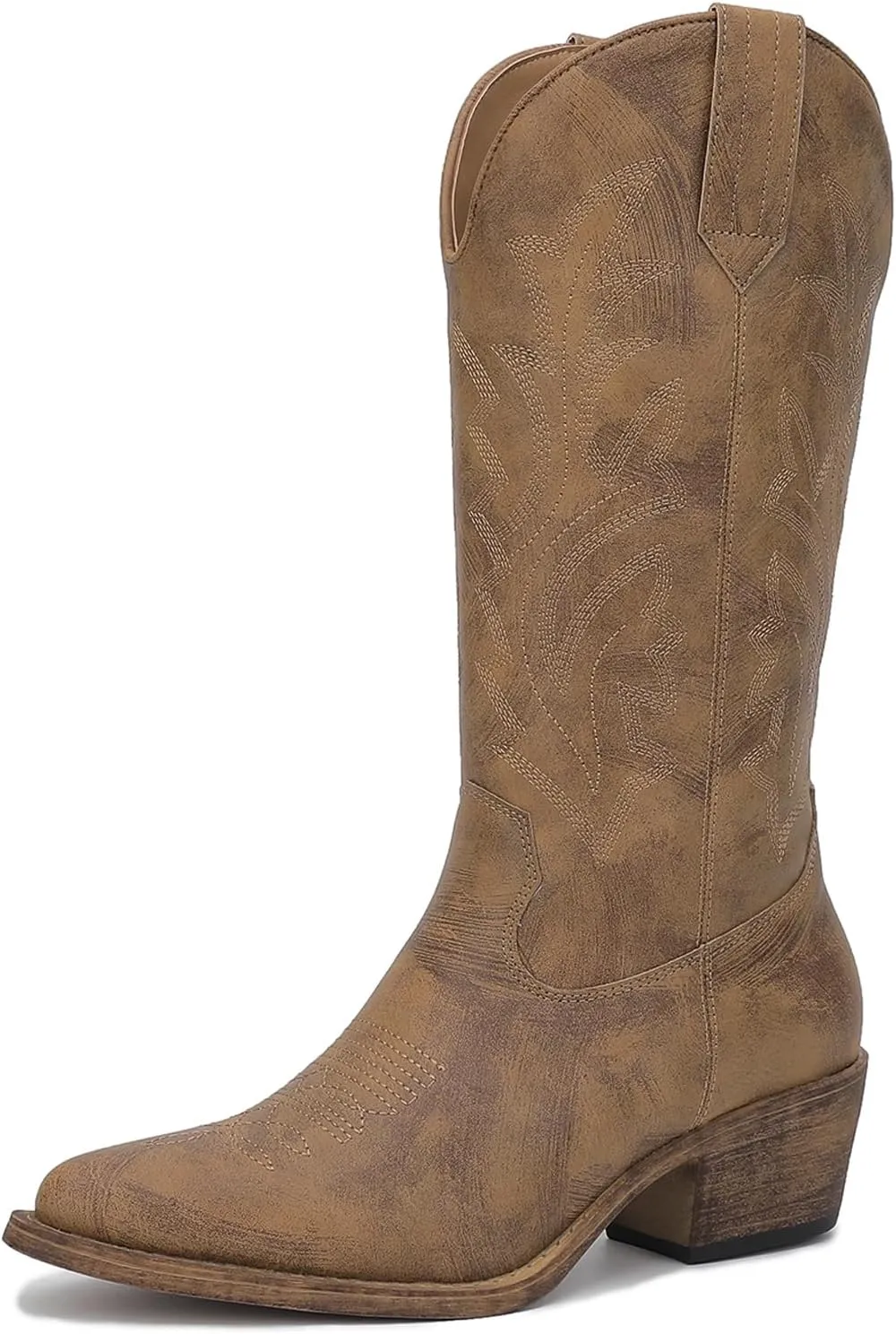 GLOBALWIN Women's Mid Calf Western Cowboy Boots Cowgirl Boots for Women with Floral Embroidery Side Zipper Chunky Heel