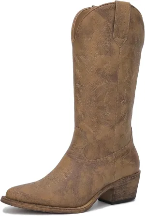 GLOBALWIN Women's Mid Calf Western Cowboy Boots Cowgirl Boots for Women with Floral Embroidery Side Zipper Chunky Heel