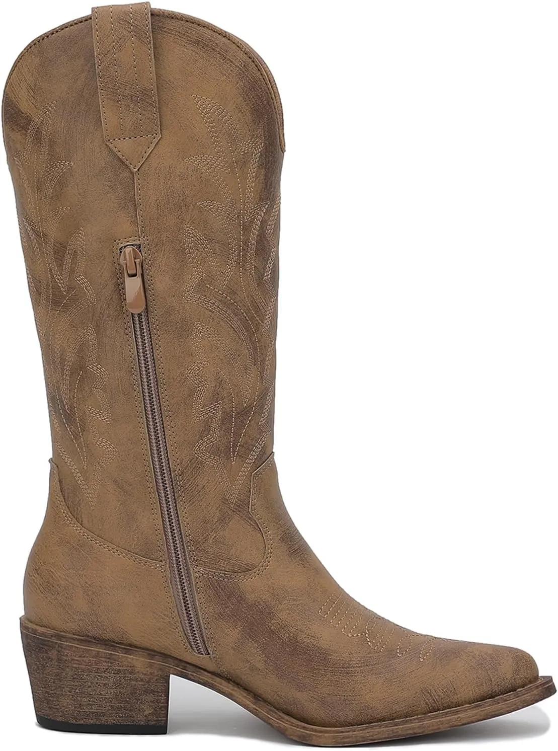 GLOBALWIN Women's Mid Calf Western Cowboy Boots Cowgirl Boots for Women with Floral Embroidery Side Zipper Chunky Heel