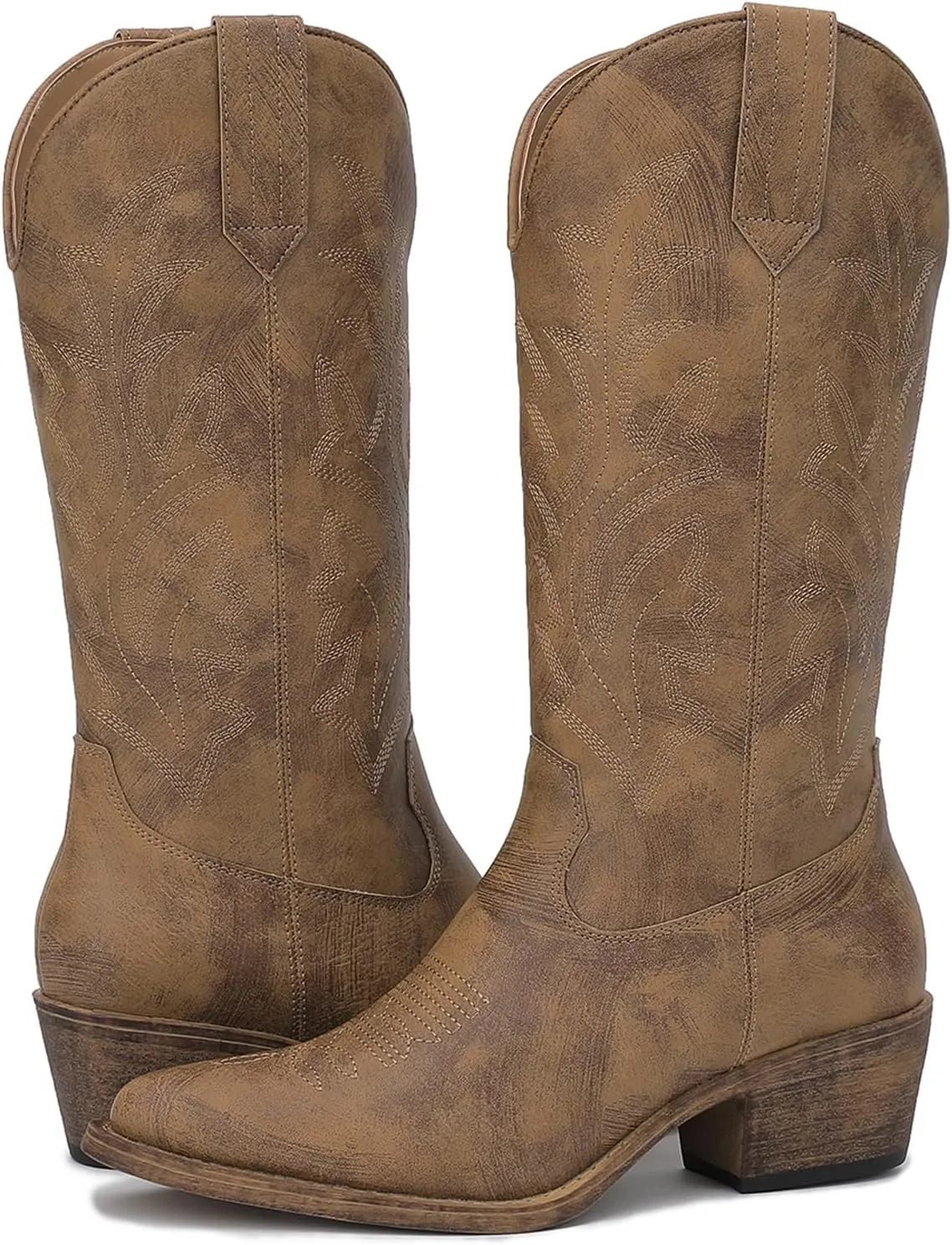 GLOBALWIN Women's Mid Calf Western Cowboy Boots Cowgirl Boots for Women with Floral Embroidery Side Zipper Chunky Heel