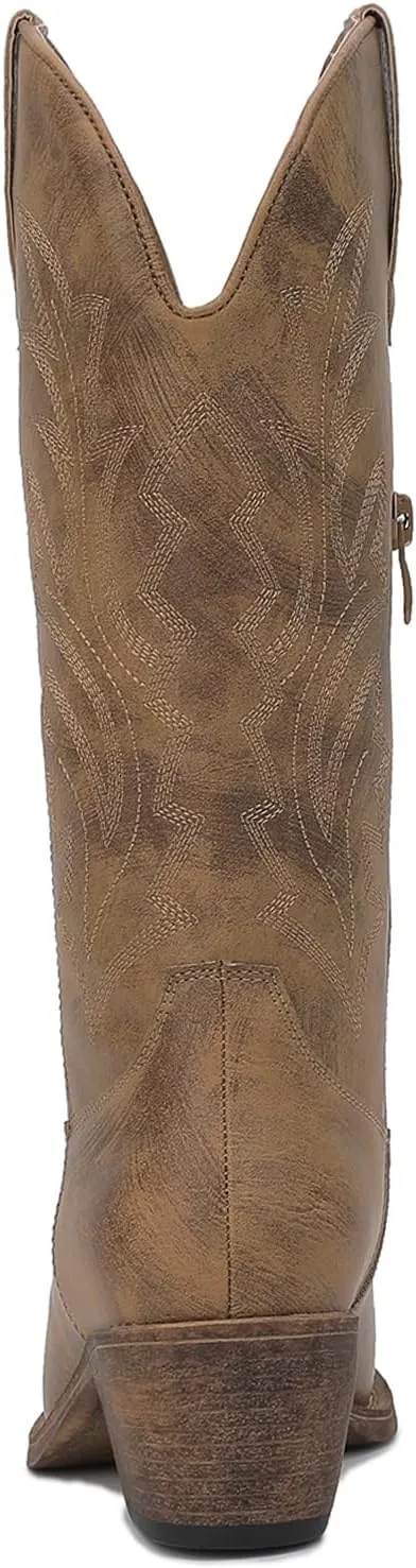 GLOBALWIN Women's Mid Calf Western Cowboy Boots Cowgirl Boots for Women with Floral Embroidery Side Zipper Chunky Heel