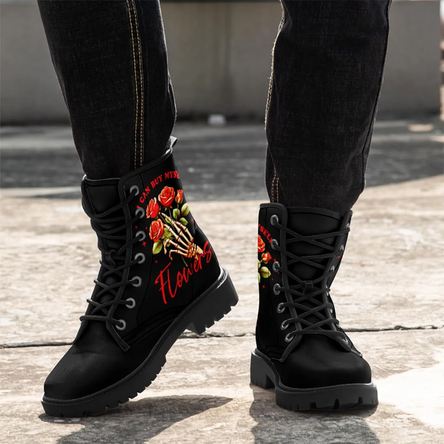 Gothic Lolita Women's Ankle Boots - Black, Round Toe, Block Heel, Lace-Up Booties - Gothic Boots Model