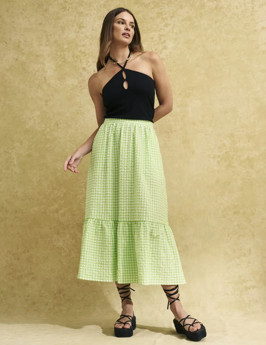 Green Gingham Check Bianca Midi Skirt