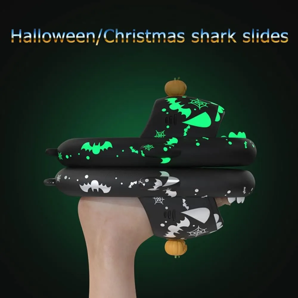 Halloween Christmas Shark Slides Slippers, 3D Cartoon Spooky Shark Slides Glow in the Dark Cloud Shark Slides, Beige