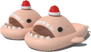 Halloween Christmas Shark Slides Slippers, 3D Cartoon Spooky Shark Slides Glow in the Dark Cloud Shark Slides, Beige