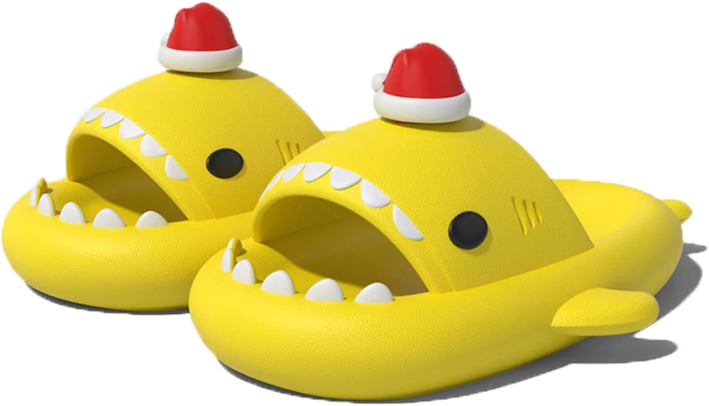 Halloween Christmas Shark Slides Slippers, 3D Cartoon Spooky Shark Slides Glow in the Dark Cloud Shark Slides, Beige